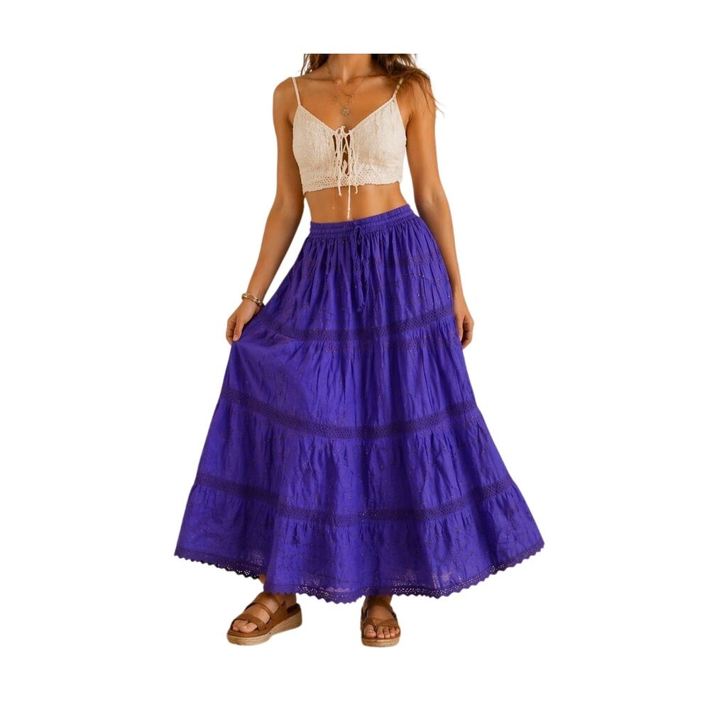 Alki'i Archive Purple Tiered Maxi Skirt Crochet Lace Cotton Boho One Size